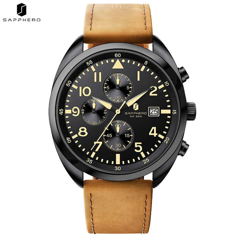 SAPPHERO Business Men's Watch Comfortable Leather Strap Water Resistant Watch with Illuminated Hands Chronograph Watch For Men