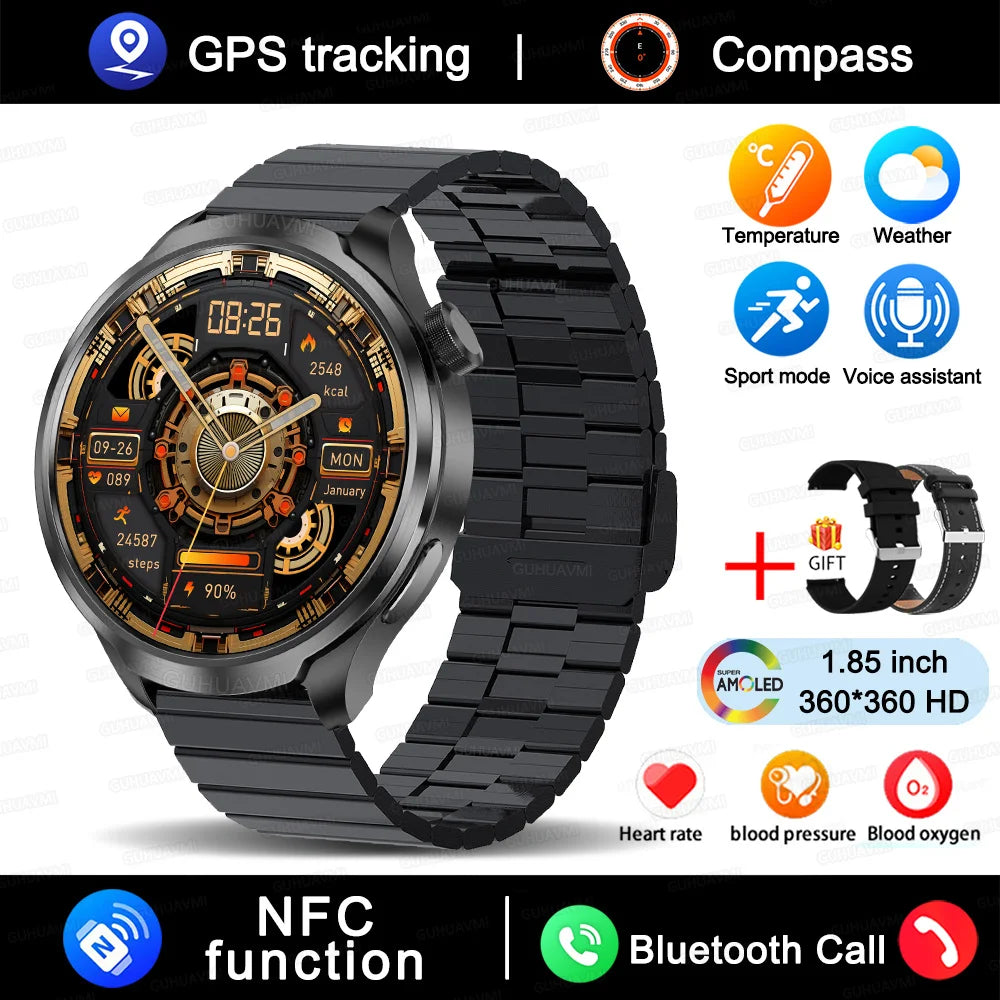 1.85" HD Big Screen Smart watch For men Sports NFC Watch Bluetooth Call Blood Pressure Temperature GPS Sport Track smart watch