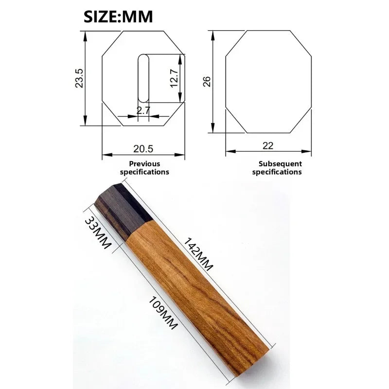 1PC Octagonal Red Kibao Ebony Wood Handle 115mm, DIY for Japanese Style Kitchen & Sashimi Knives