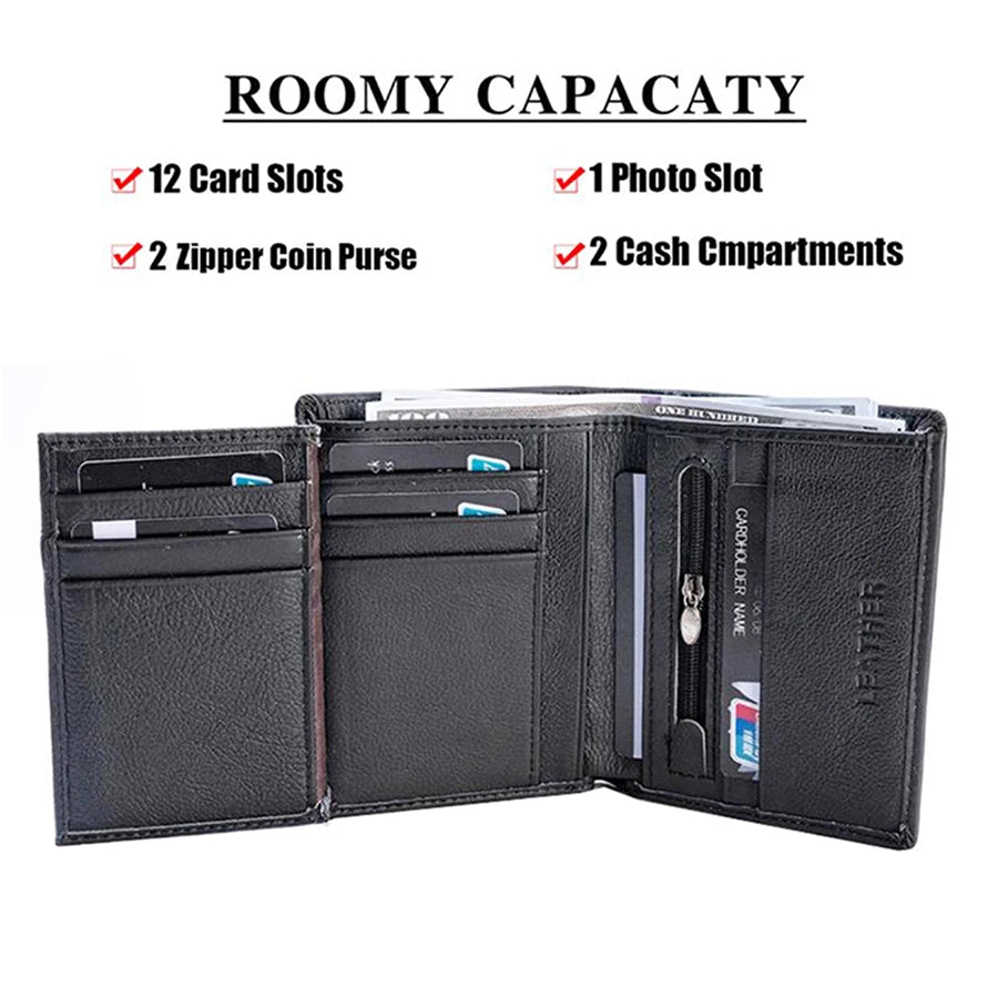 Men's Genuine Leather RFID Blocking Zip Wallet Vertical Credit Card Holder, Black/Coffee