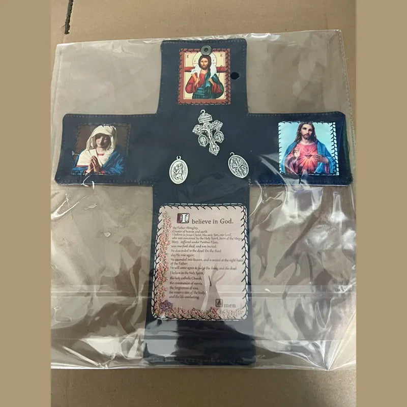 Handcrafted Pocket Shrine with Cross Included Inside,Faith Cross-Shaped Fabric Pouch Sewing Pocket with Saint Images Prayers ﻿