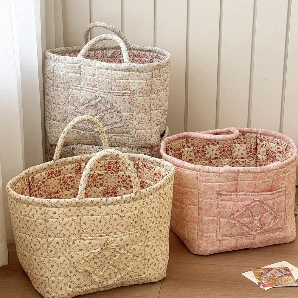 Airfriend Vintage Floral Organizers Basket With Handle Portable Home Room Quilted Foldable Storage Basket For Snack Clothes Toys