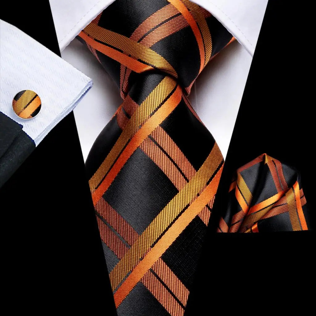 Solid Gold Yellow Ties For Men Handky Cufflinks Set Fashion Gift For Men's Tie Wedding Business Necktie Blue Black Orange Beige