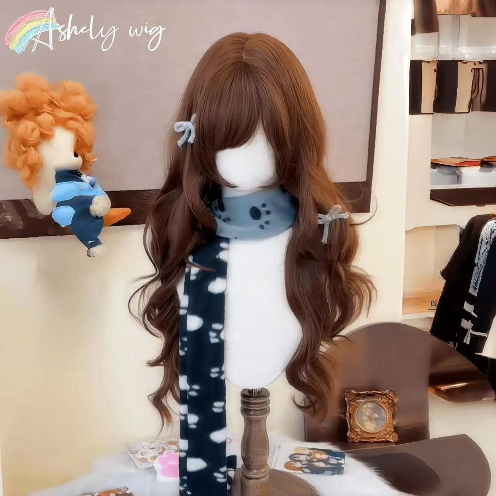 Chocolate Brown Wig with Bangs 24inch Long Wavy Hair Wigs for Women High Quality Cute Lolita Synthetic Wig for Daily Use Cosplay