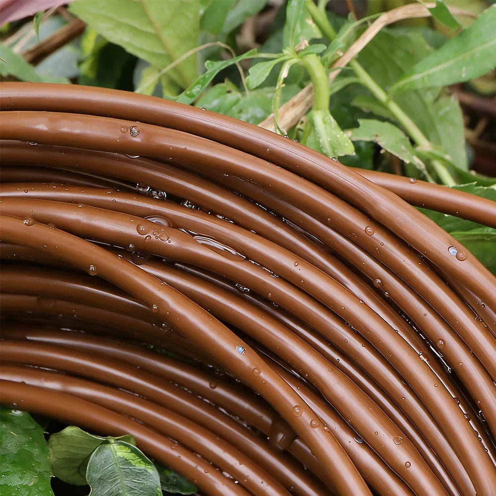 1/4 in PE drip irrigation hose with emitters, brown, 25cm spacing, 30m (100ft)