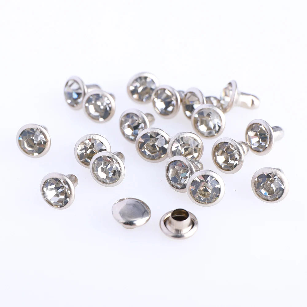 100 Sets 6/8mm Glass Rivets Rhinestone Glitter Crystal AB Silver Edge Stones Studs With Care Rhinestones for DIY Crafts Leather