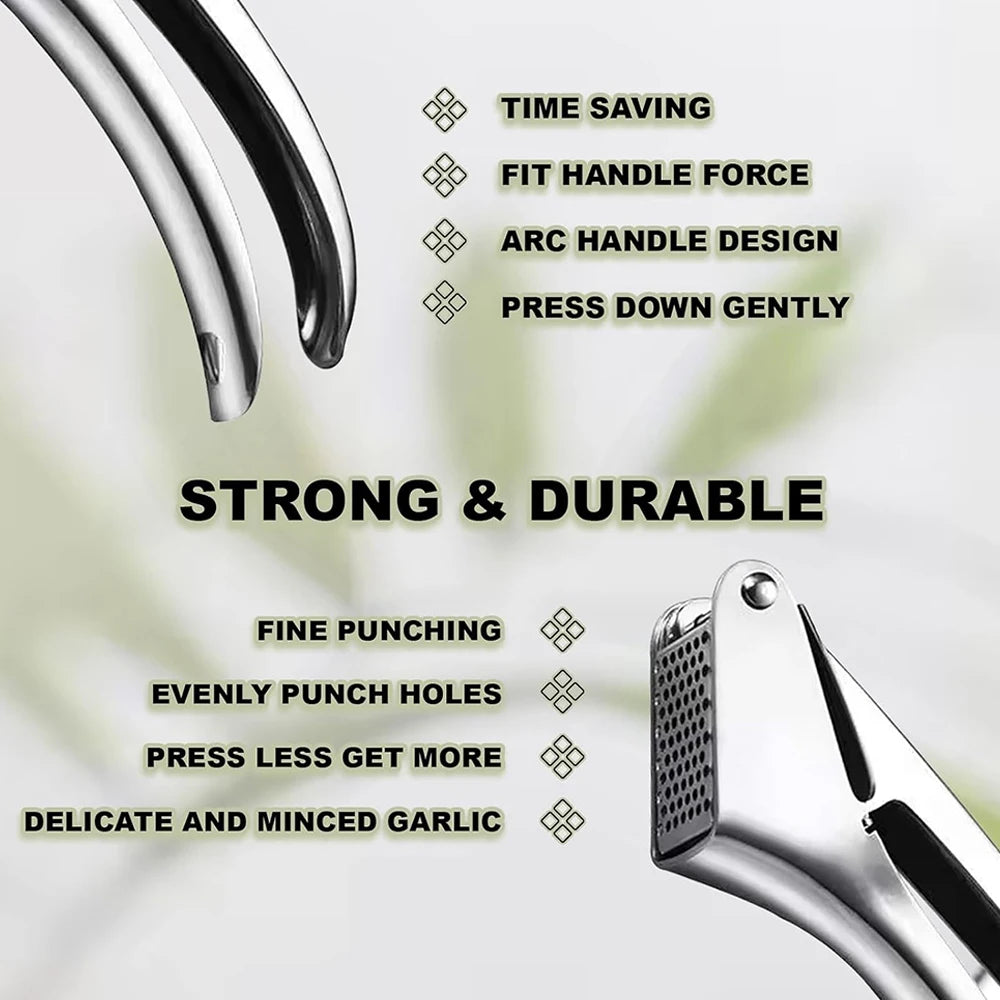 Stainless Steel Garlic Press Ginger Juicer Heavy-Duty Manual Mincer Garlic Crusher for Soups Salads Dips Easy-Clean Kitchen Tool