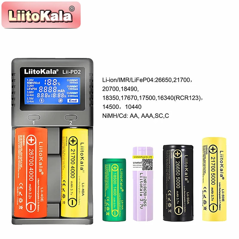 Liitokala Lii-PD2/Lii-PD4 Li-ion & NiMH Battery Charger for 18650 21700 26650 AA AAA