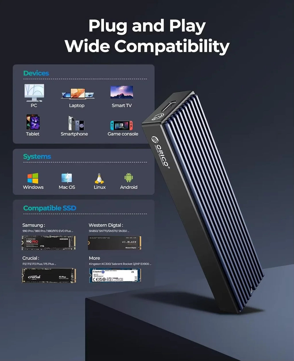 ORICO M.2 NVMe SSD Enclosure, USB 3.1 Gen 2 (10 Gbps) PCIe External Adapter NVMe Case for 2230/2242/2260/2280 M.2 SSD up to 8TB