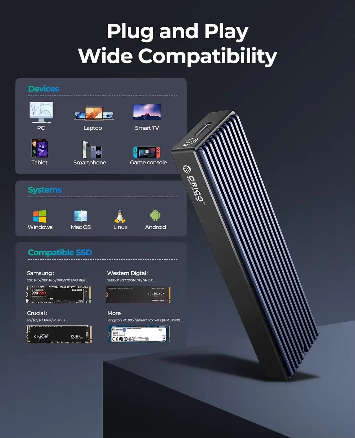 ORICO M.2 NVMe SSD Enclosure, USB 3.1 Gen 2 (10 Gbps) PCIe External Adapter NVMe Case for 2230/2242/2260/2280 M.2 SSD up to 8TB