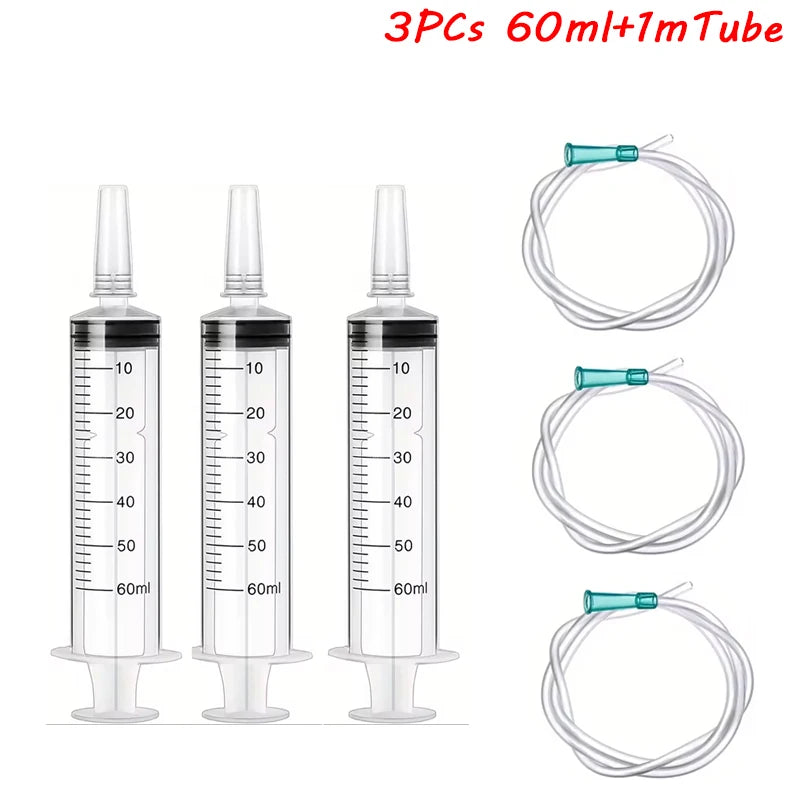 60ml Syringe With 1m Hose Plastic Syringe Pet Feeding Syringe with Lid Measuring Syringe for Lab, Dispensing, Watering Pumping