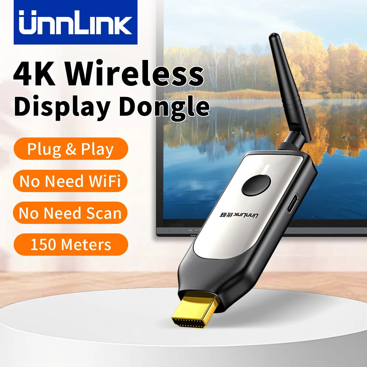 Unnlink 4K HDMI Wireless Receiver Extender 150M for Phone Tablet Laptop PC to TV Mirror Adapter 4K 30Hz/1080P 60Hz
