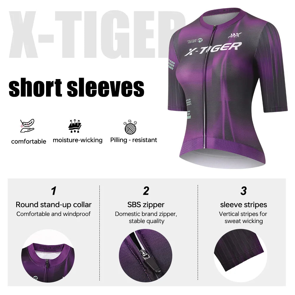 X-TIGER Women's Cycling Jersey Short Sleeve Breathable UV Protection, Pink/Purple S-XXXL