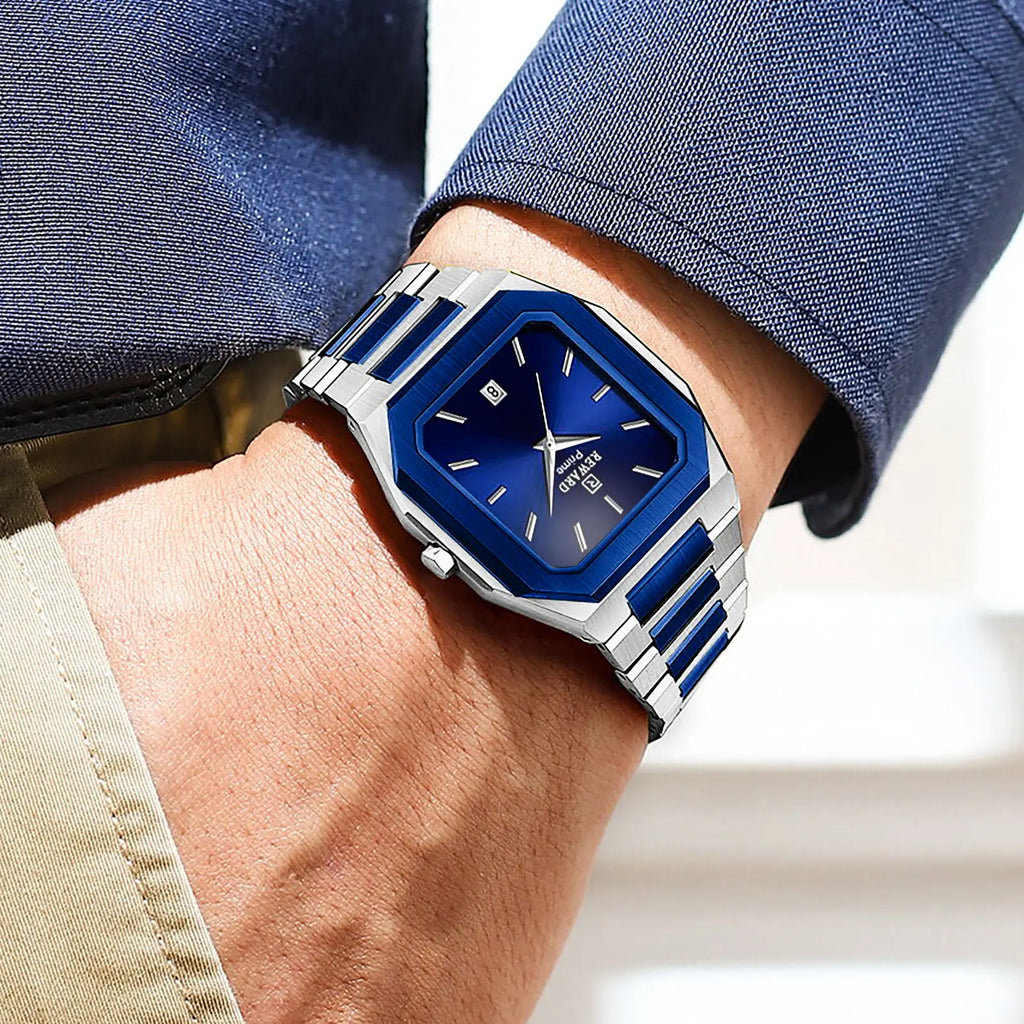 REWARD Men's Square Stainless Steel Quartz Business Watch, Royal Blue Dial with Date Calendar, 30m Waterproof Dress Wristwatch