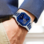 REWARD Men's Square Stainless Steel Quartz Business Watch, Royal Blue Dial with Date Calendar, 30m Waterproof Dress Wristwatch