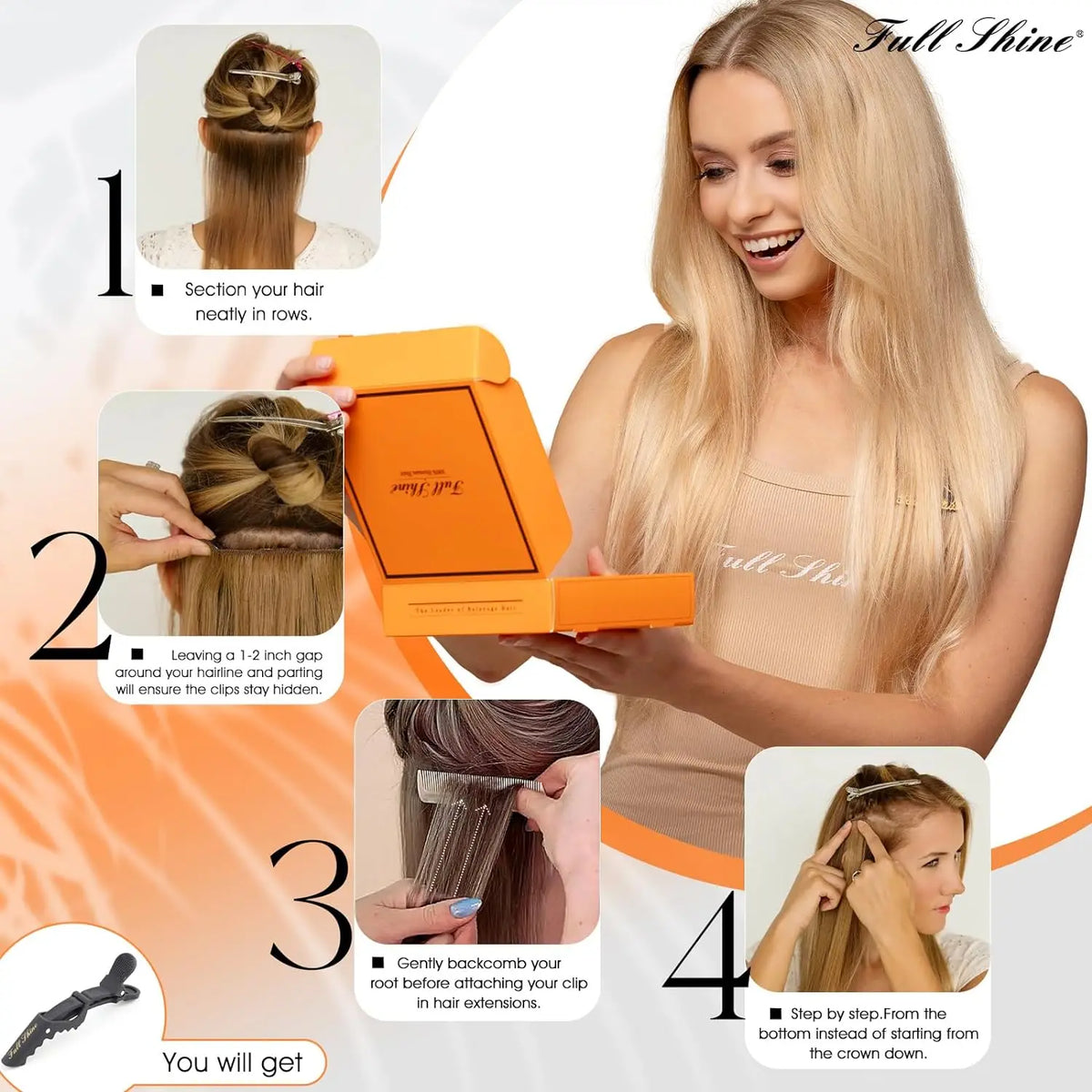 Full Shine Clip-In Human Hair Extensions Remy Double Weft 7pcs 105g Jet Black 12-24in