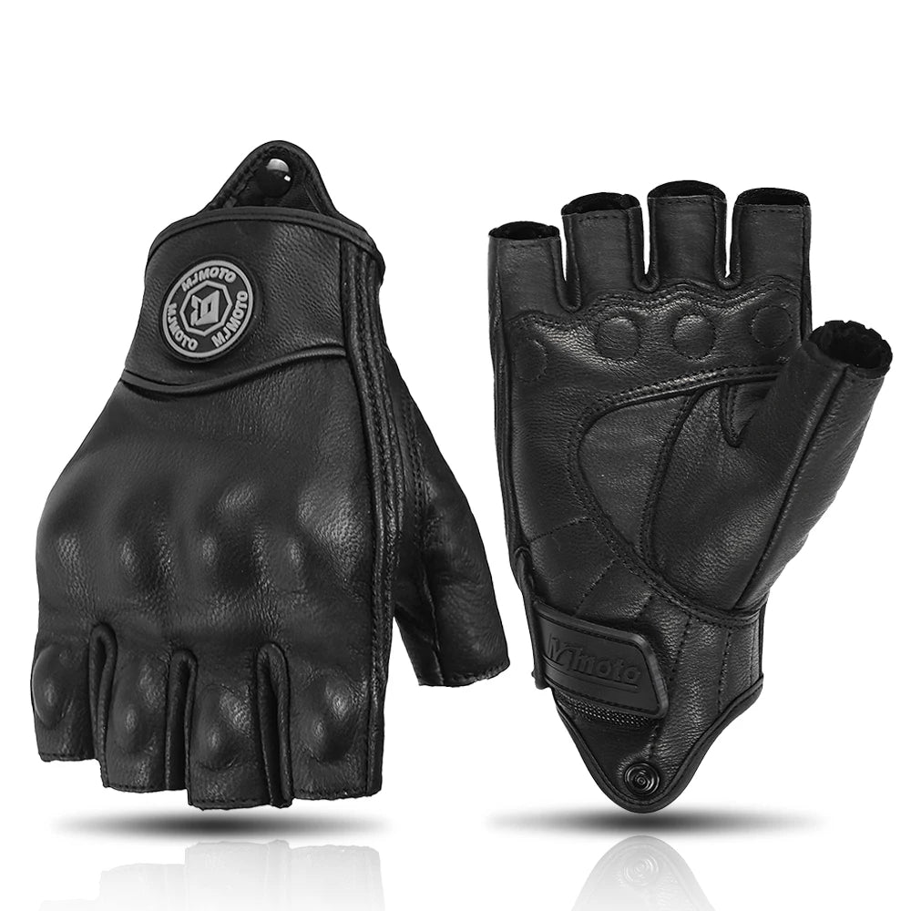 MJMOTO Leather Half Finger Motorcycle Gloves Touchscreen Hard Shell, Black/Yellow L-XXL