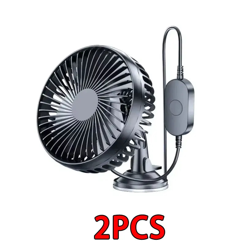 12V-24V Car Fan with Suction Cup Mount, 3-Speed, USB Rechargeable, 360° Rotating, Black, 2pcs