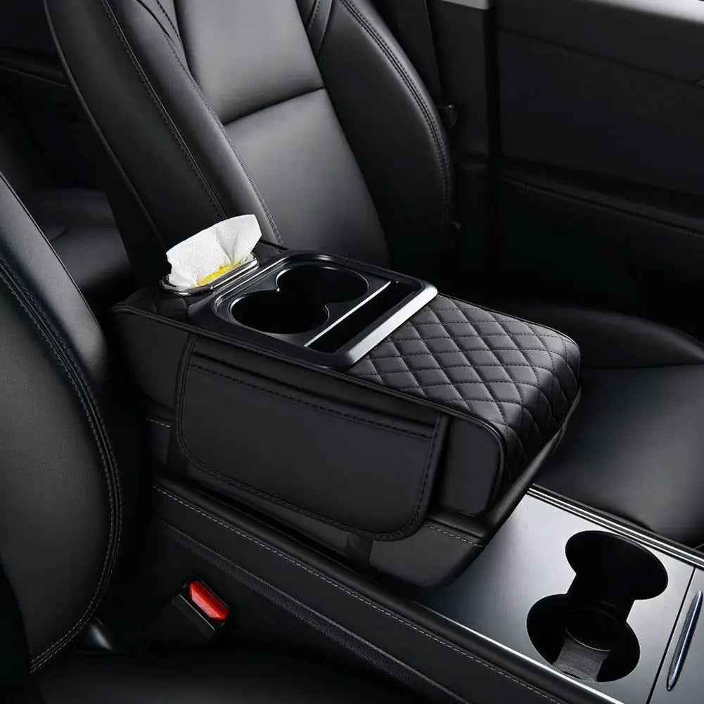 Car Armrest Box Multifunctional Thicken Height Pad Arm Rest Cushion with Pocket Tissue Cup Holder PU Elbow Support Height Pad