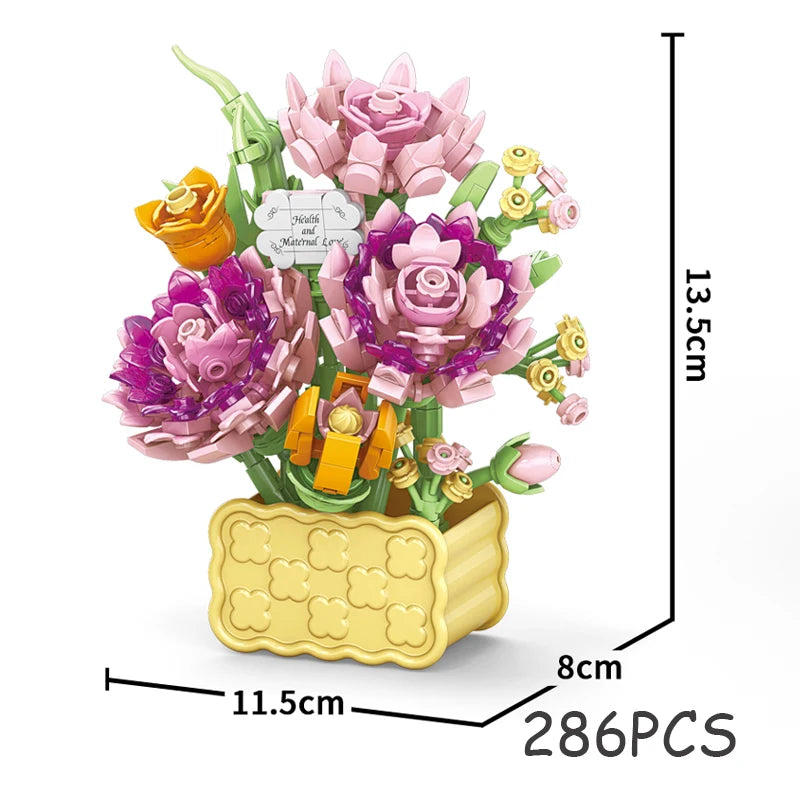 Rose Eternal Flower Basket Potted Plants Mini Particle Building Block,DIY Sunflower Flower Ornament Assembled Toy,For Kids Gifts