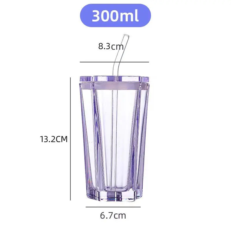 300ml Five-Pointed Star Glass Cup With Straw Color Gradient Cups Cold Drink Cup Coffee With Lid Drinking Cup Drinkware
