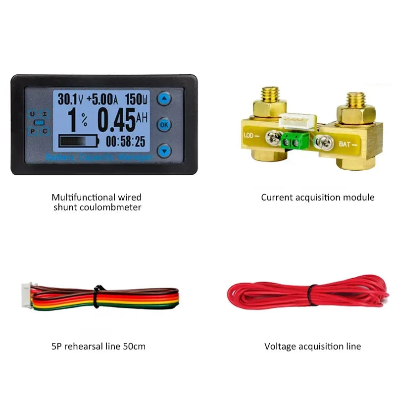 Wired Shunt Coulombmeter DC 8-120V 100/200/300/500A Energy Meter Battery Capacity Tester Low Voltage Alarm LCD Ammeter Voltmeter