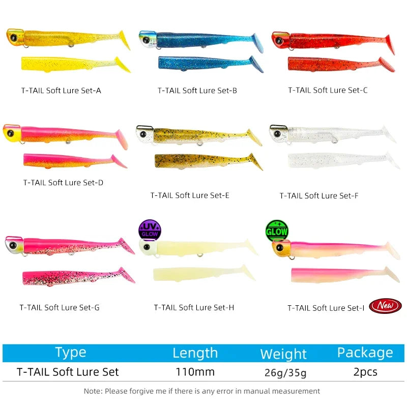 TSURINOYA  9PCS 110mm 35g Long Casting Jig Head T Tail Soft Lure Set Flounder Seabass Fishing Lure Sinking Large Baits