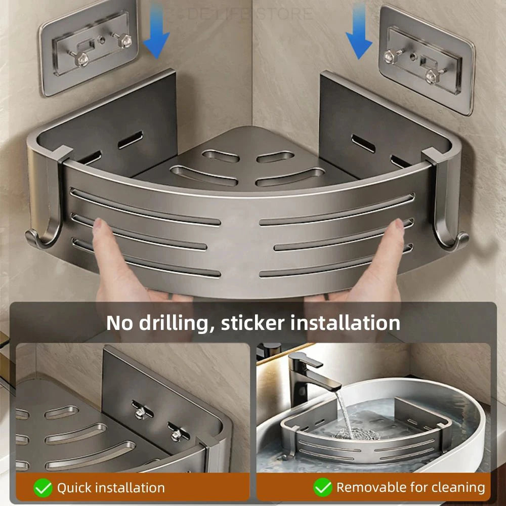 1-2PCS Bathroom Corner Shelf with Plastic Hook Towel Bar No Drill Space Aluminum Shower Storage Rack Bathroom Organizer