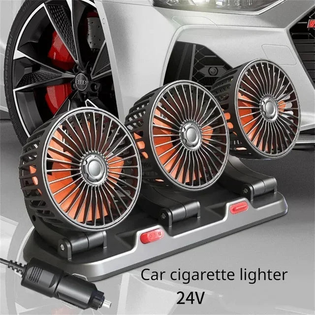 Adjustable car cooling fan 360° dual head, 2-speed, 5V USB/12V/24V cigarette plug