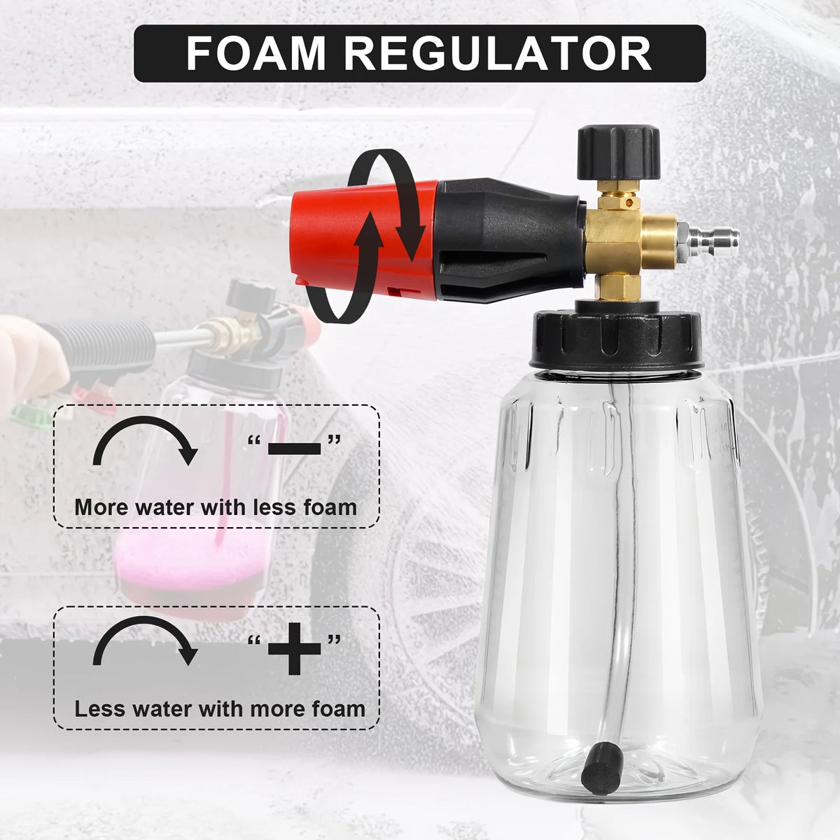 Heavy Duty Adjustable Foam Cannon 1L Wide Mouth Bottle Thick Foam Spray 1/4" Quick Connect  High Pressure Washer Tool