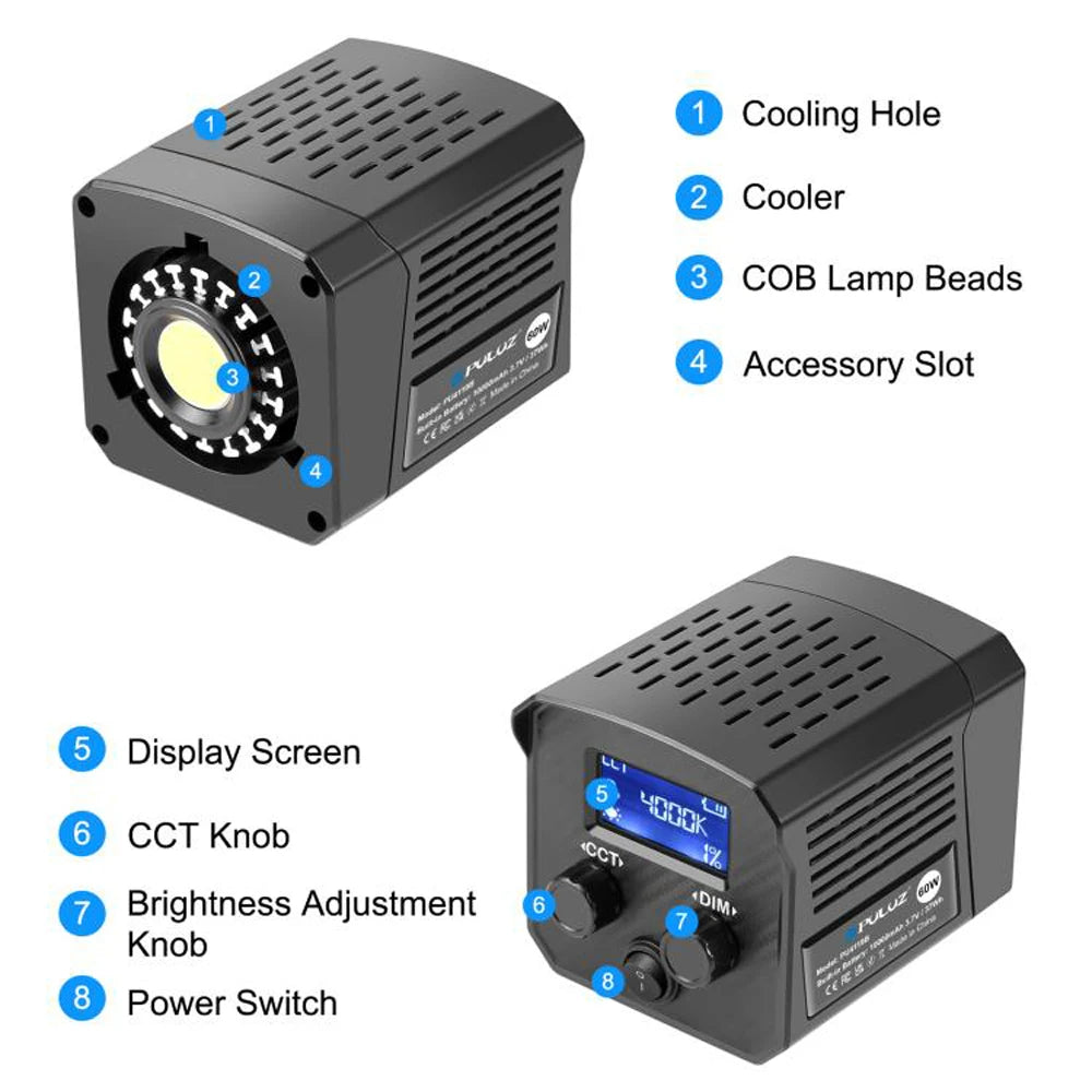 PULUZ 60W COB LED Video Light Handheld Fill Light 2500K-6500K Dual Color Temperature 13000Lux 10000mAh Photography Studio Light