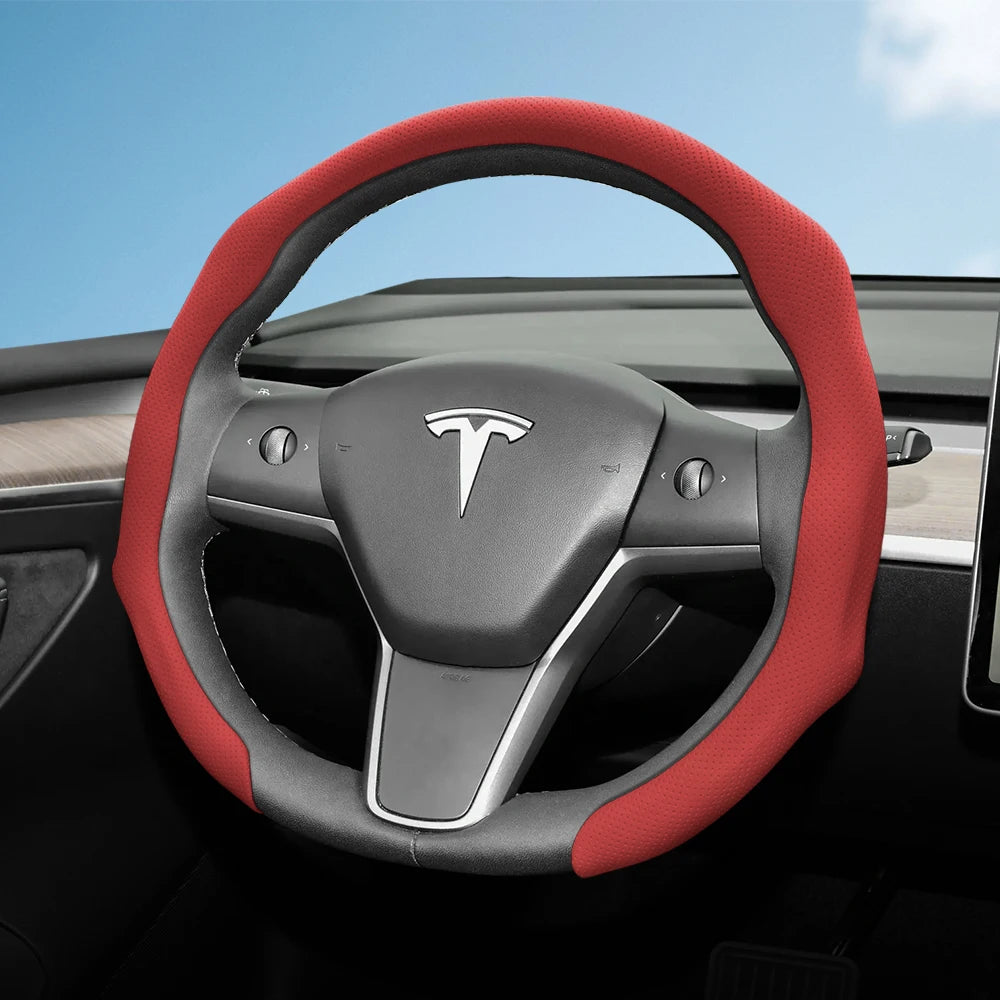 Suitable for Tesla Perforated Leather Steering Wheel Cover, Non-Slip, Sweat-Absorbent, Breathable, Integrated Snap-On Protective Case for Model 3 Y S X and Other Models, Available in Black, Orange, Red, White, Green