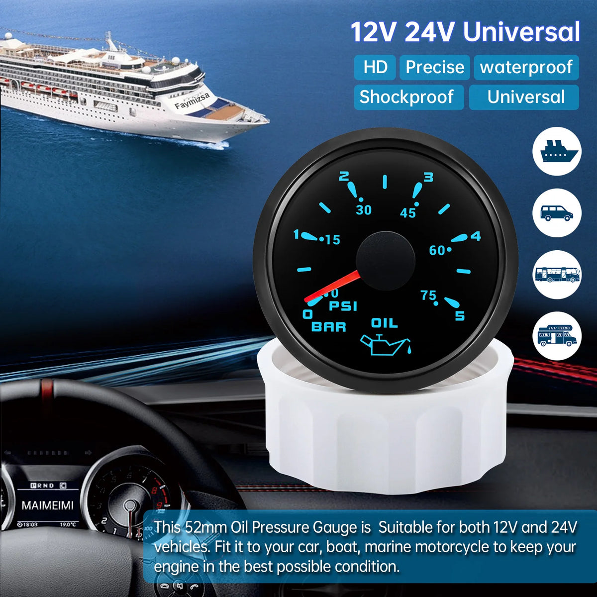Custom Auto Car 52mm Oil Pressure Gauge+Sensor 7 Color Backlight 0~5Bar 0-10Bar Oil Press Meter with Sensor Marine Boat 12V24V