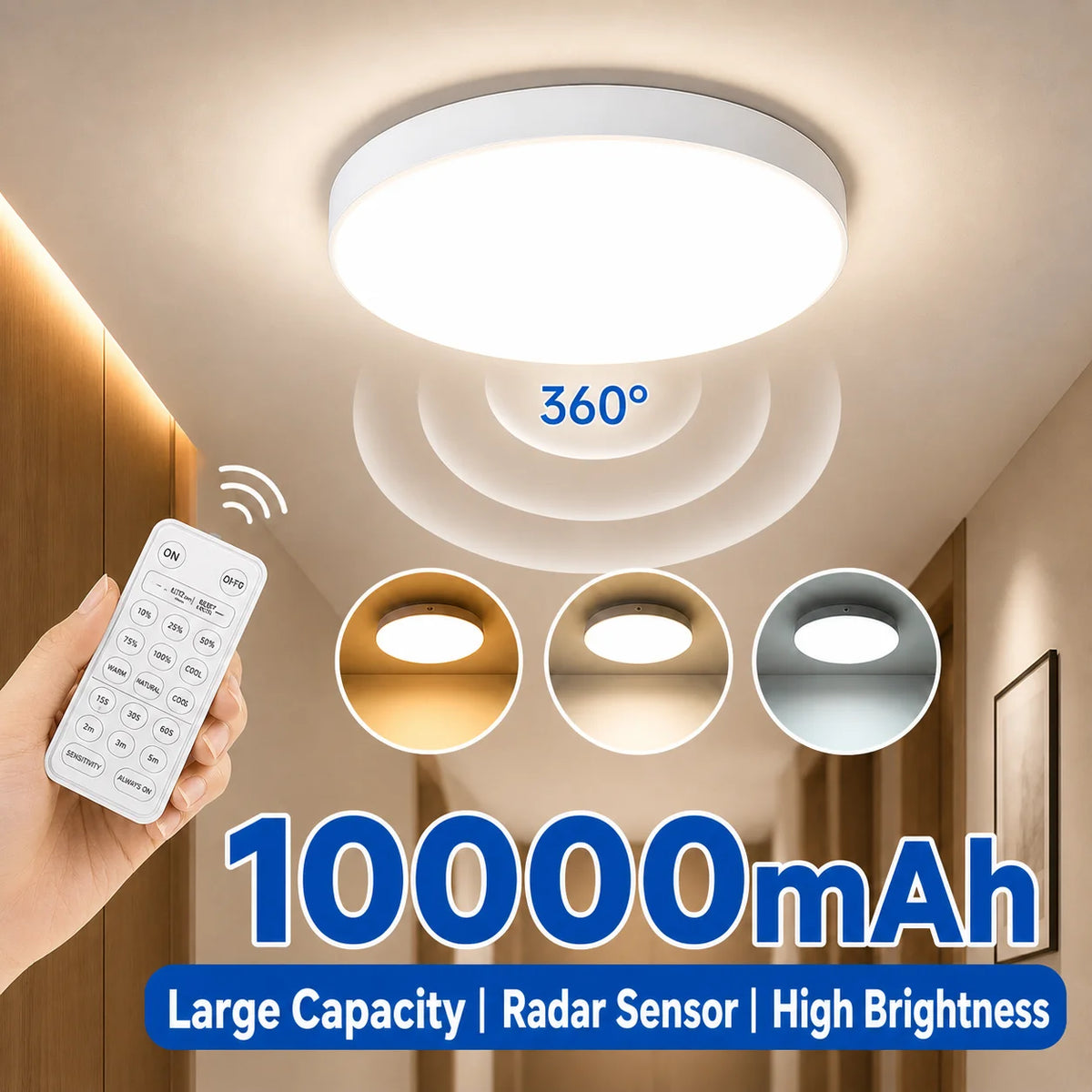 10000mAh Rechargeable LED Ceiling Light Smart Radar Motion Sensor Ceiling Lamp Wireless Remote Control No Wiring 3 CCT