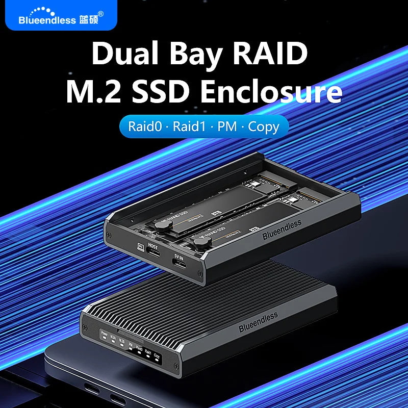 Blueendless 2-Bay RAID M.2 SSD Enclosure, Dual NVMe/SATA, Aluminum, 16TB Max, DB280A3