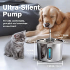 Stainless Steel Pet Water Fountain 2.2L USB Powered Ultra Quiet, Water Fountain or 4 Filters