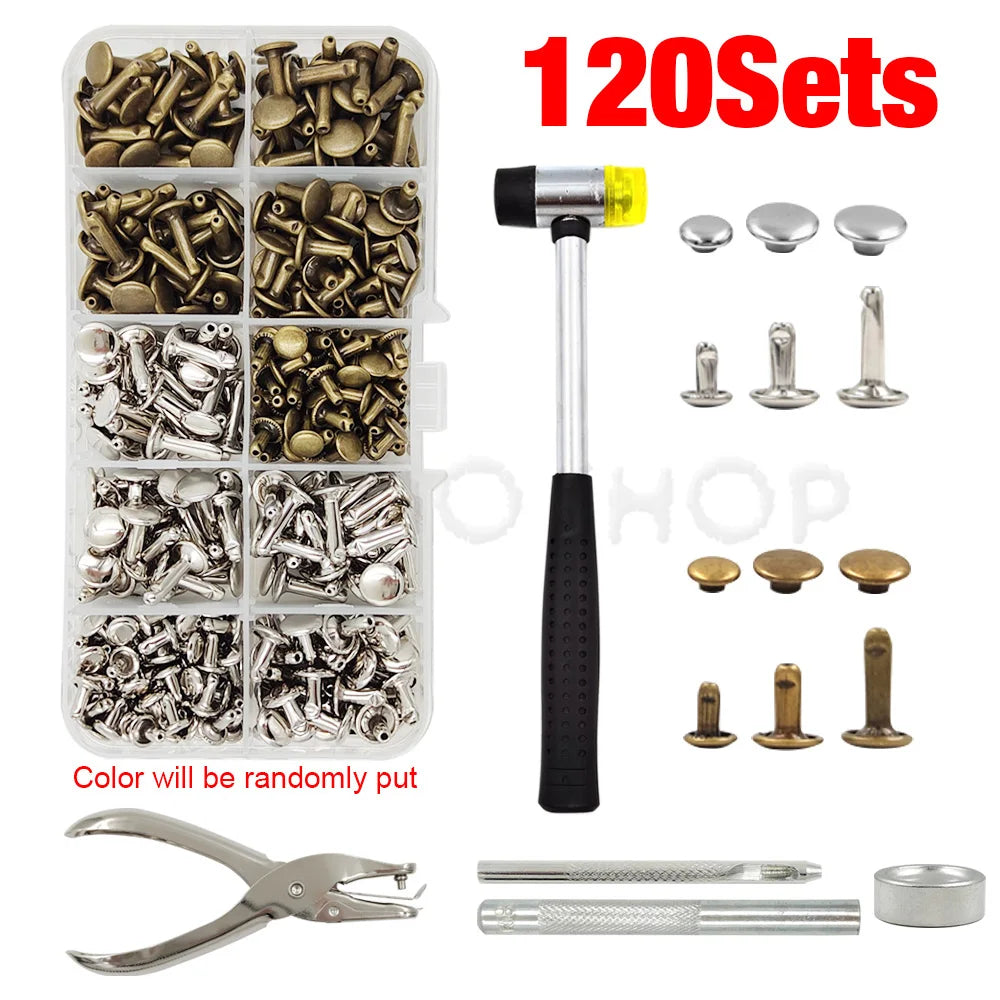 Metal Double Cap Rivets Stud Round Spike Nail With Tool Kits For Shoes Bag Belt Leathercraft Repair Clothing Garment Accessories