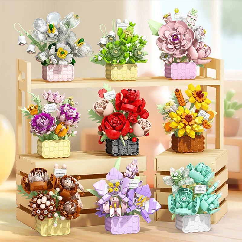 Rose Eternal Flower Basket Potted Plants Mini Particle Building Block,DIY Sunflower Flower Ornament Assembled Toy,For Kids Gifts