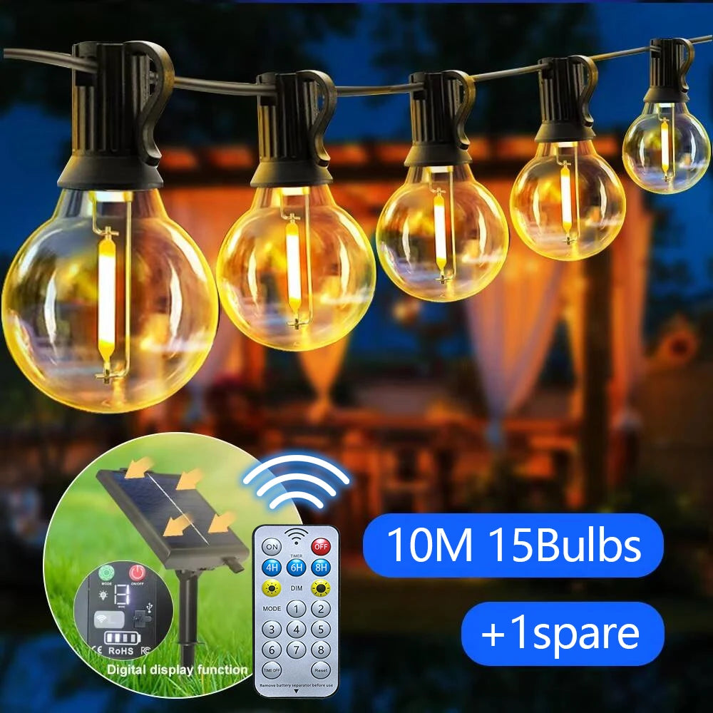 Solar G40 outdoor string lights with remote, shatterproof globe bulbs, IP65 waterproof, 10m 15 bulbs