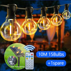 Solar G40 outdoor string lights with remote, shatterproof globe bulbs, IP65 waterproof, 10m 15 bulbs