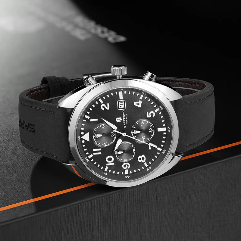 SAPPHERO Business Men's Watch Comfortable Leather Strap Water Resistant Watch with Illuminated Hands Chronograph Watch For Men
