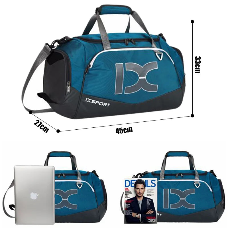 IX 40L Waterproof Nylon Gym Duffle Bag with Wet Dry Compartment, Blue, 33x45x27cm