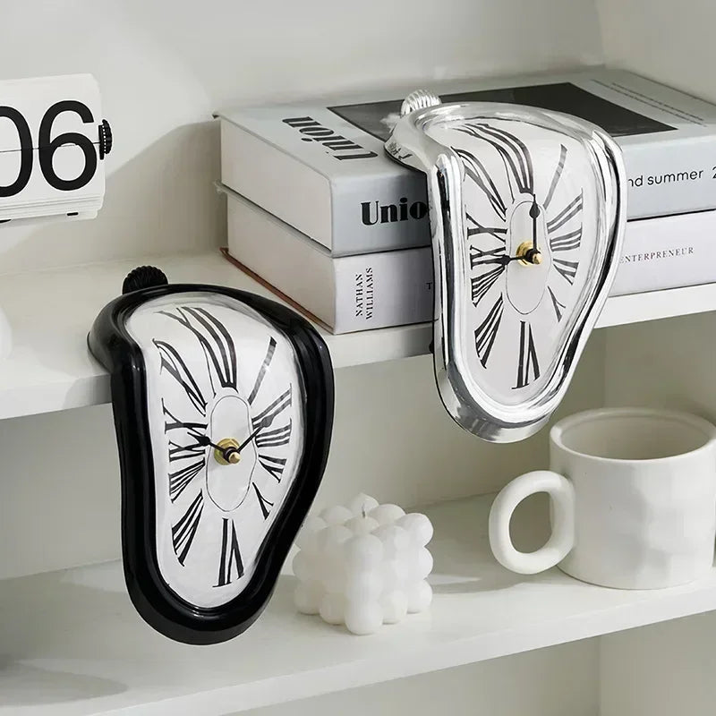 Surreal melting wall clock Salvador Dali style distorted wall decor, black/gold/silver/white