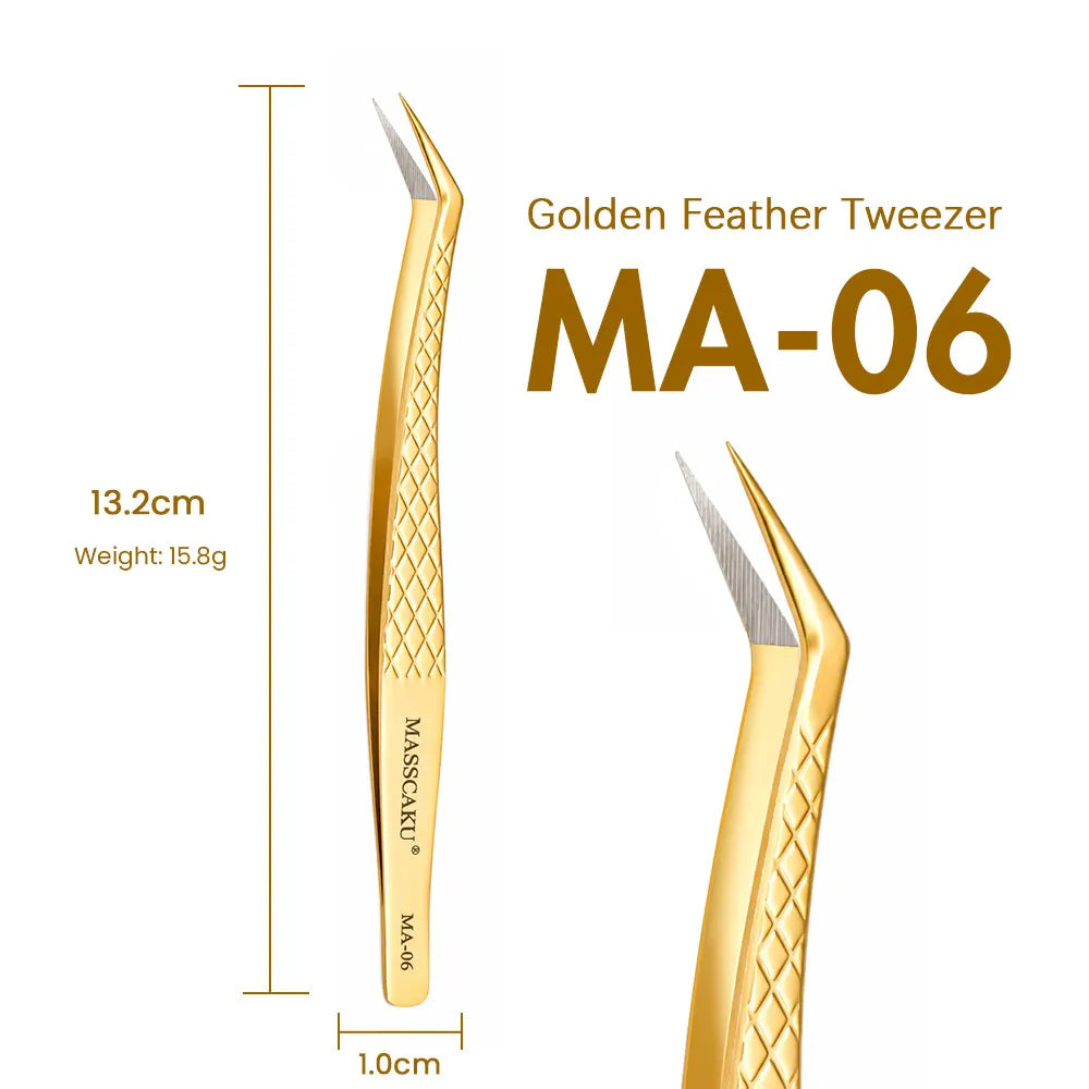 MASSCAKU Fiber Tip Eyelash Extension Tweezers Gold Stainless Steel Lash Pickup Tool