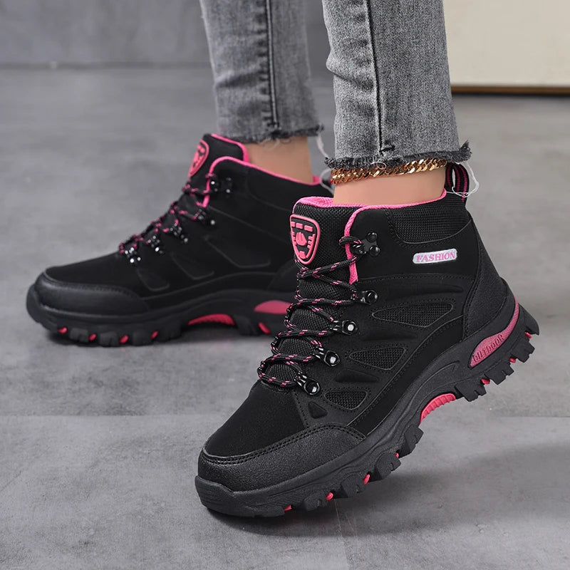 Women's Waterproof Hiking Shoes Non-Slip Trail Trekking Ankle Boots Black/Rose Red 35-42