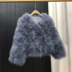 Ostrich Feather Coat for Women 100% Natural Fur Coats O Neck Long Sleeve Ladies Nightclub Turkey Jackets Winter Fashion