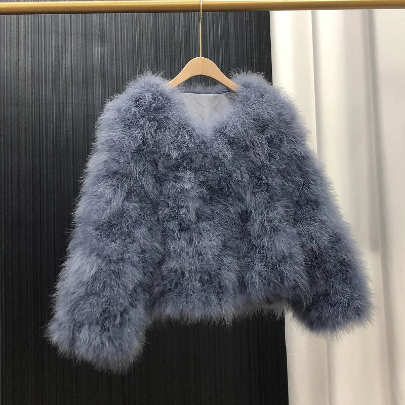 Ostrich Feather Coat for Women 100% Natural Fur Coats O Neck Long Sleeve Ladies Nightclub Turkey Jackets Winter Fashion
