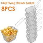Mini deep fry basket set with long handle, stackable chip strainer, silver, 8pcs