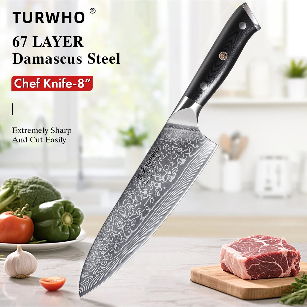 TURWHO 8-inch Professional Chef's Knives Japanese 67 Layer Damascus Steel Super Sharp Meat Vegetable Kitchen Knife Cooking Tools
