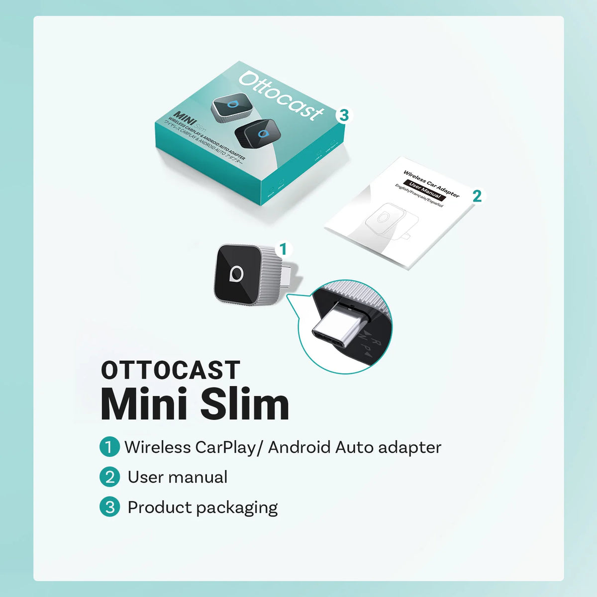 Ottocast Mini Slim Wireless CarPlay Android Auto Adapter USB Dongle Plug Play Wifi Auto Connect for Mercedes Benz Audi Toyota et